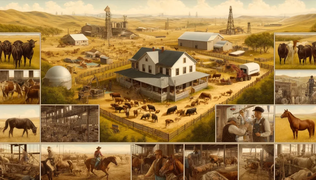 6666 Ranch A detailed scene showcasing all aspects of the 6666 Ranch. The image includes a panoramic view of the expansive ranch with grazing cattle and horses, 1