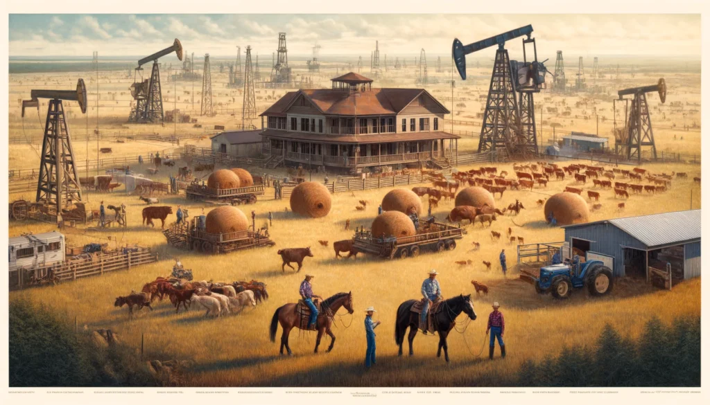 6666 Ranch A detailed scene showcasing all aspects of the 6666 Ranch. The image includes a panoramic view of the expansive ranch with grazing cattle and horses, 2